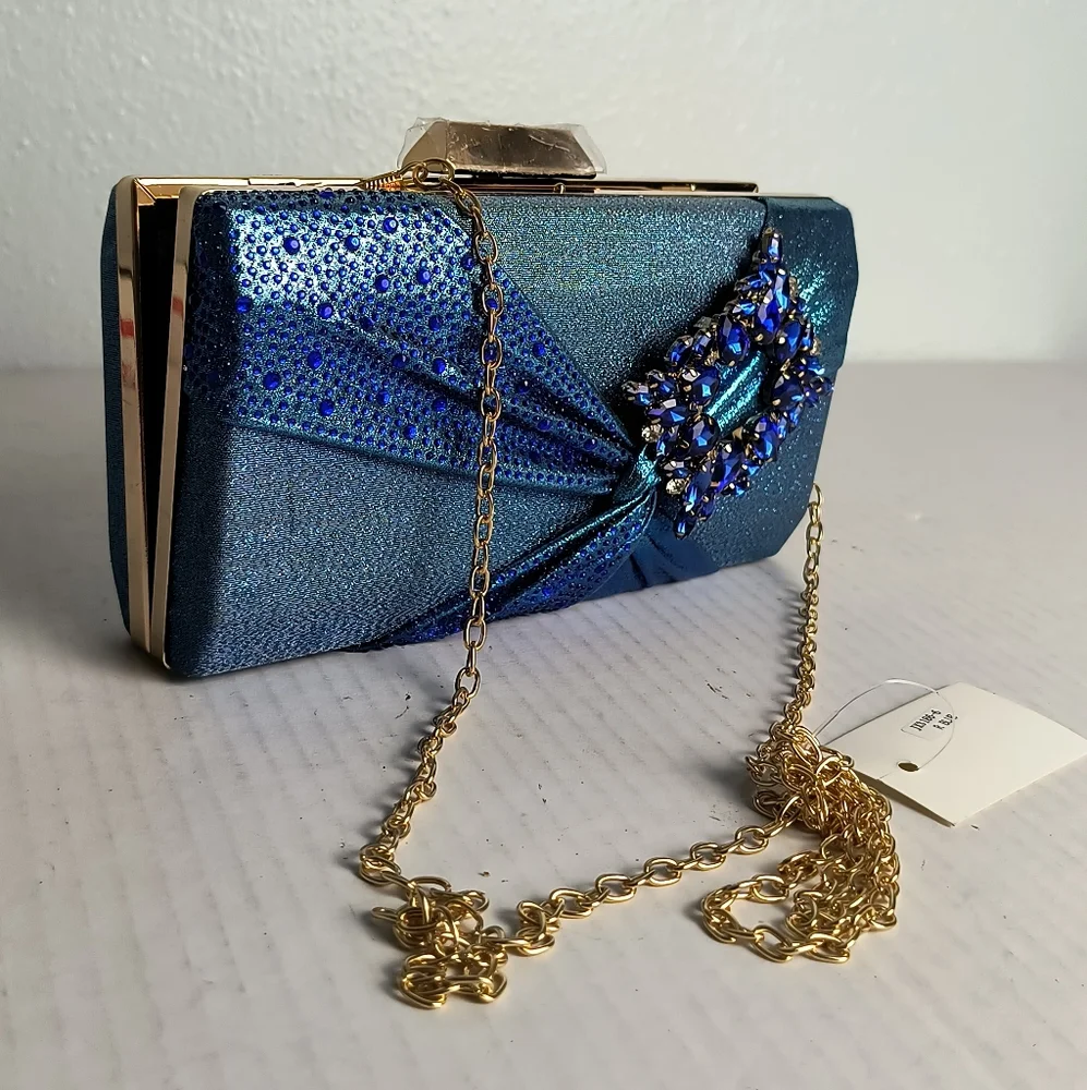 Exquisite Shimmer Multi Blue Satin Evening Clutch Bag Clasp Closure Metallic